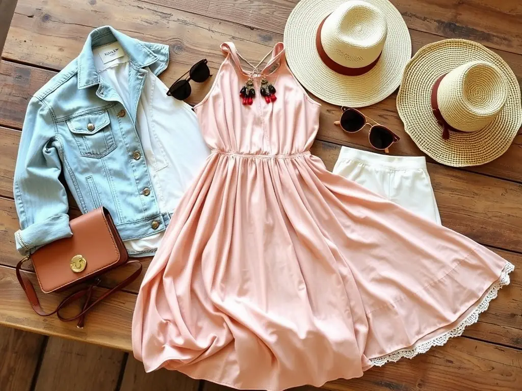 A collection of stylish outfits for a weekend getaway on a wooden table.