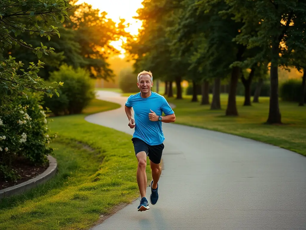 A person jogging in a park during sunrise, symbolizing the benefits of regular physical activity.