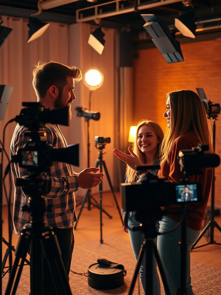 Two influencers collaborating on a video project in a studio.