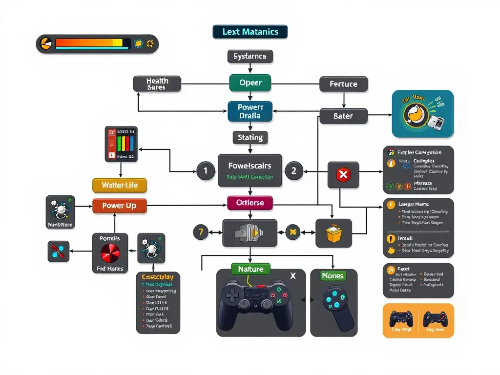 A diagram illustrating game mechanics with flowchart elements.