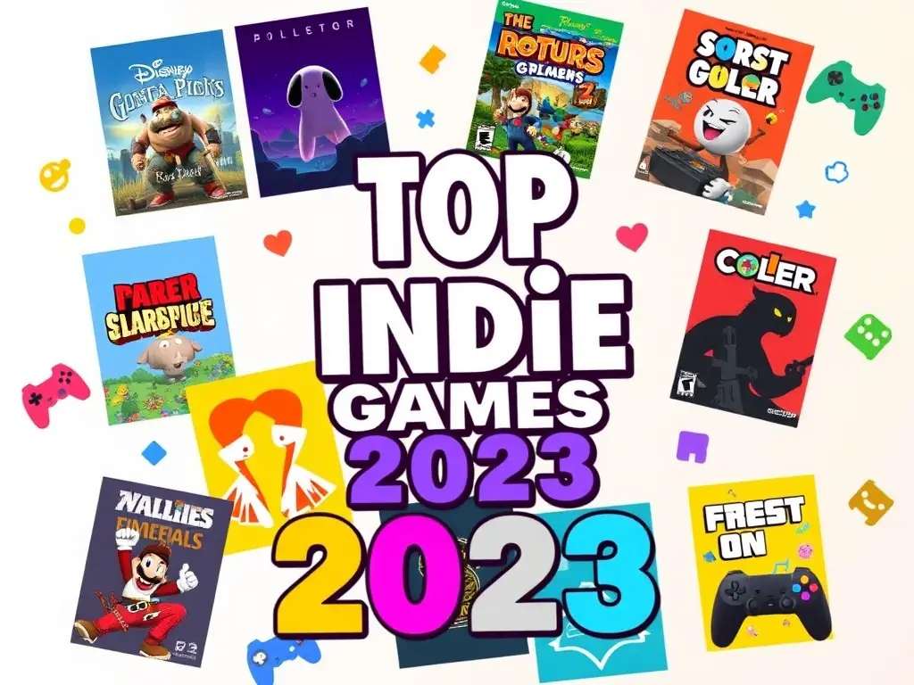 A vibrant graphic showcasing the top indie games of 2023 with their respective artwork.