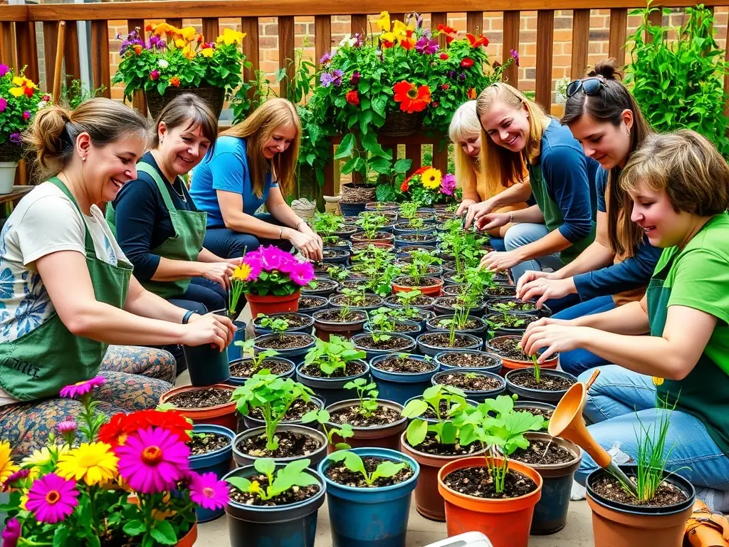Participants planting seedlings in a sustainable gardening workshop.