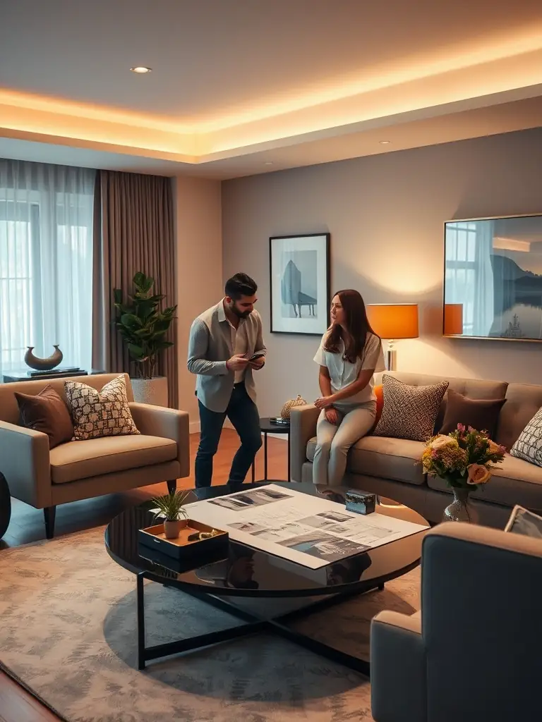A designer discussing plans with a client in a beautifully decorated living room.