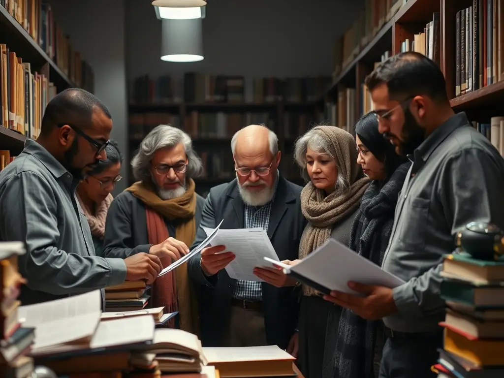 A group of scholars collaborating on a research project surrounded by books and notes.