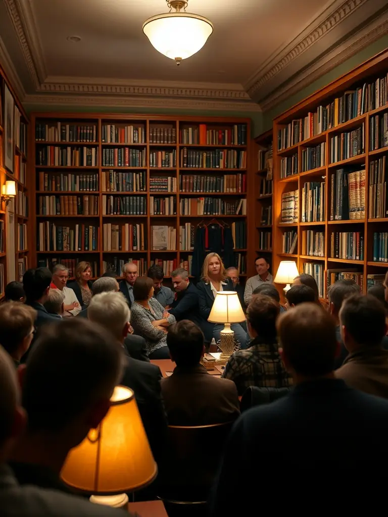 A cozy room with people listening to a speaker during a literary workshop.