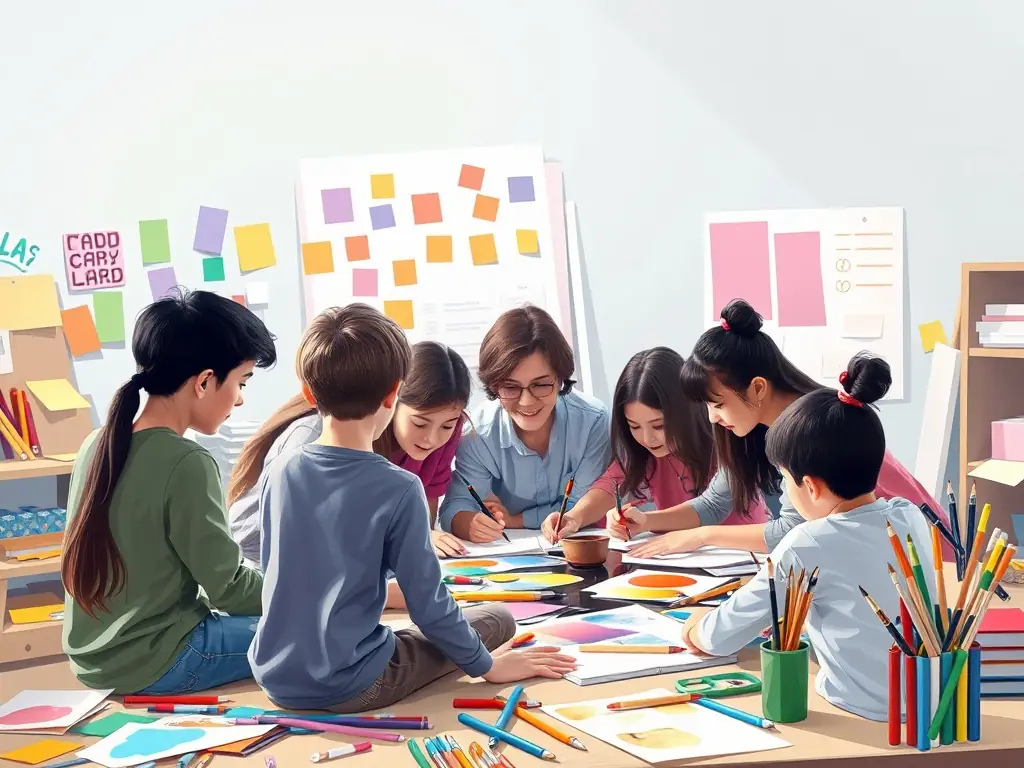 Students collaborating in a creative workshop with an instructor.