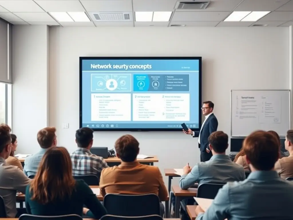 Instructor explaining network security concepts to students in a cybersecurity seminar.