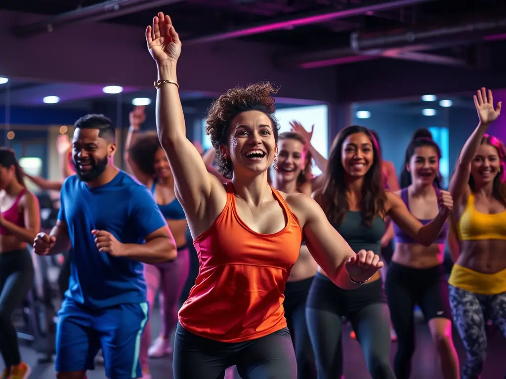 A diverse group of people engaged in a high-energy fitness class at FitSphere gym.