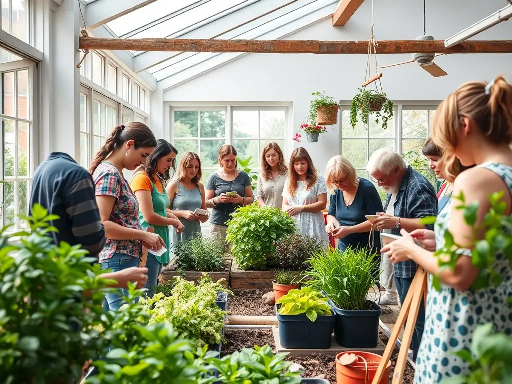 Participants learning about organic gardening techniques in a workshop.