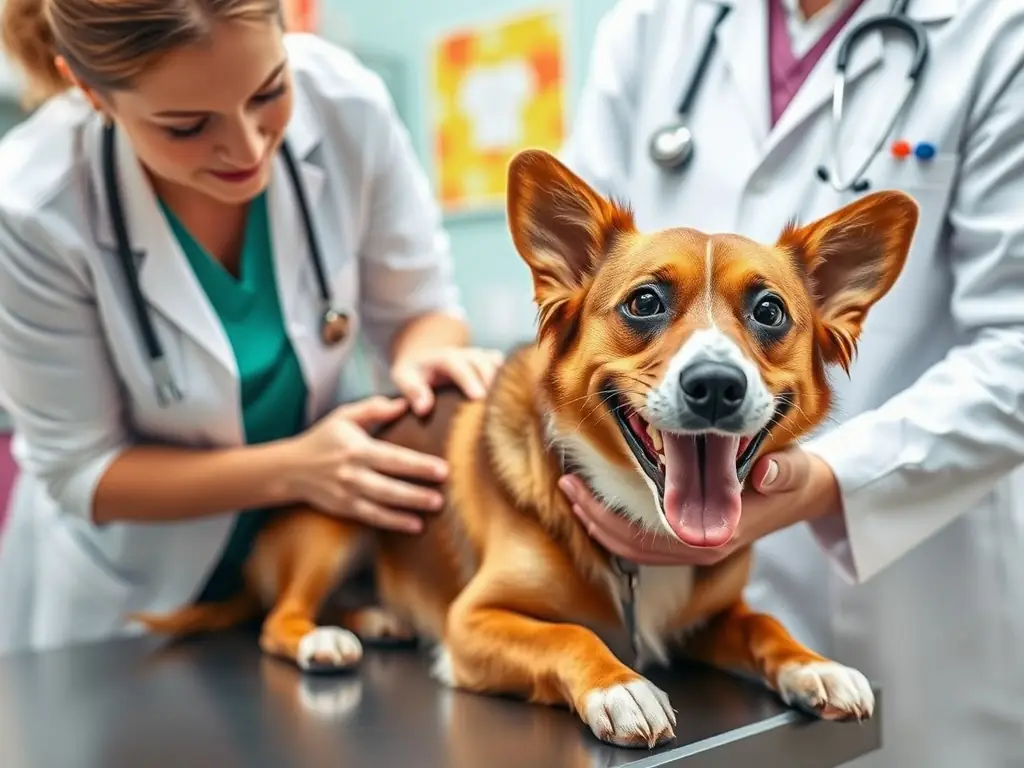 A dog being checked by a veterinarian at PawCare Clinic.