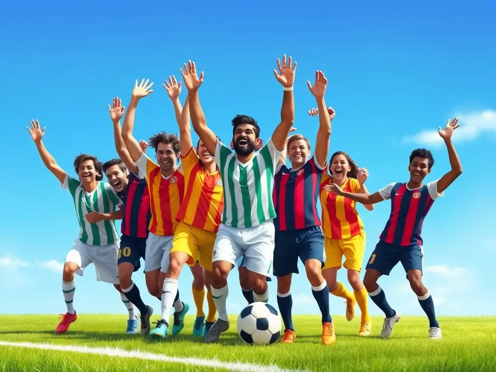 A diverse team of football players celebrating a goal on the field.