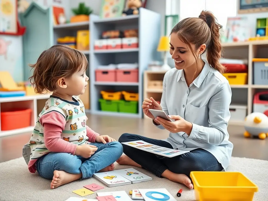 A child using colorful flashcards during a speech therapy session with a therapist.
