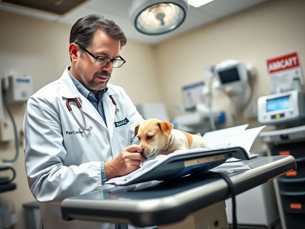 A veterinarian providing emergency care at PawCare Clinic.