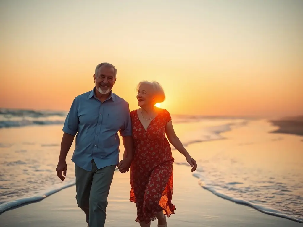 A couple walking hand-in-hand on a beach at sunset, enjoying their retirement.