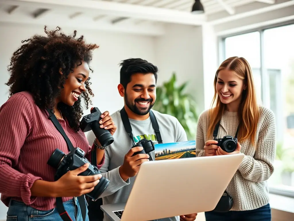 Diverse customers happily engaging with a laptop displaying stock photos in a photography studio.