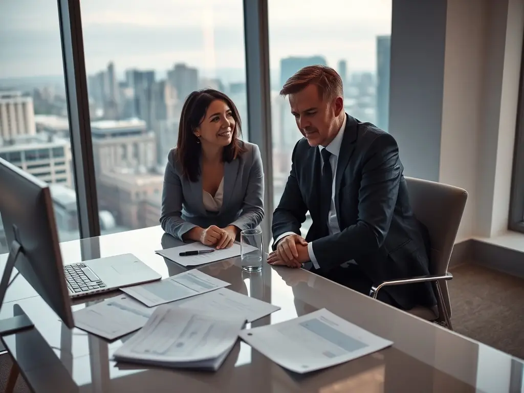 A financial planner discussing a personalized plan with a client in a modern office.