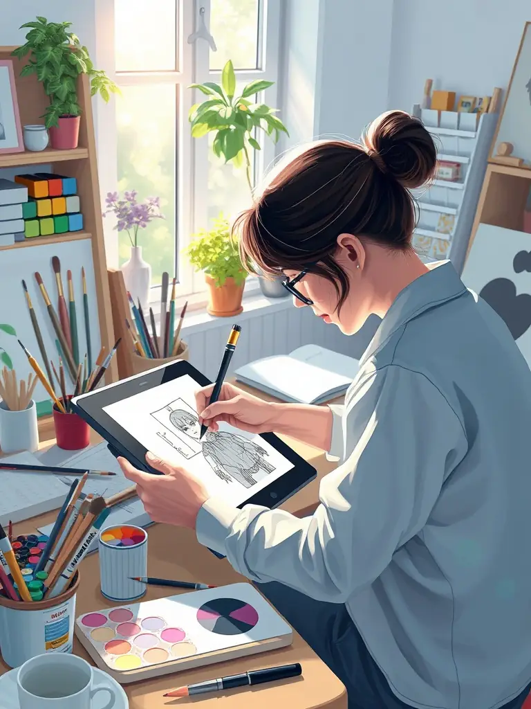 A person sketching on a digital tablet surrounded by art supplies in a bright studio.