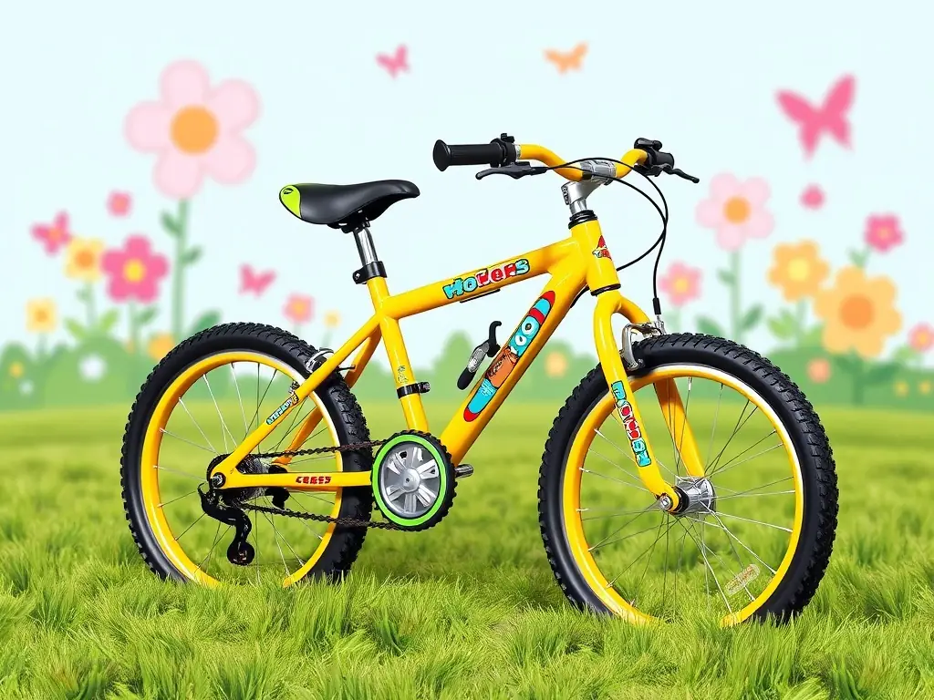 Colorful kids' mountain bike on a grassy area with flowers.