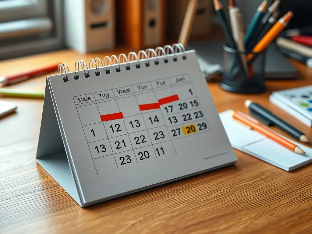 A calendar with marked dates on a wooden desk.