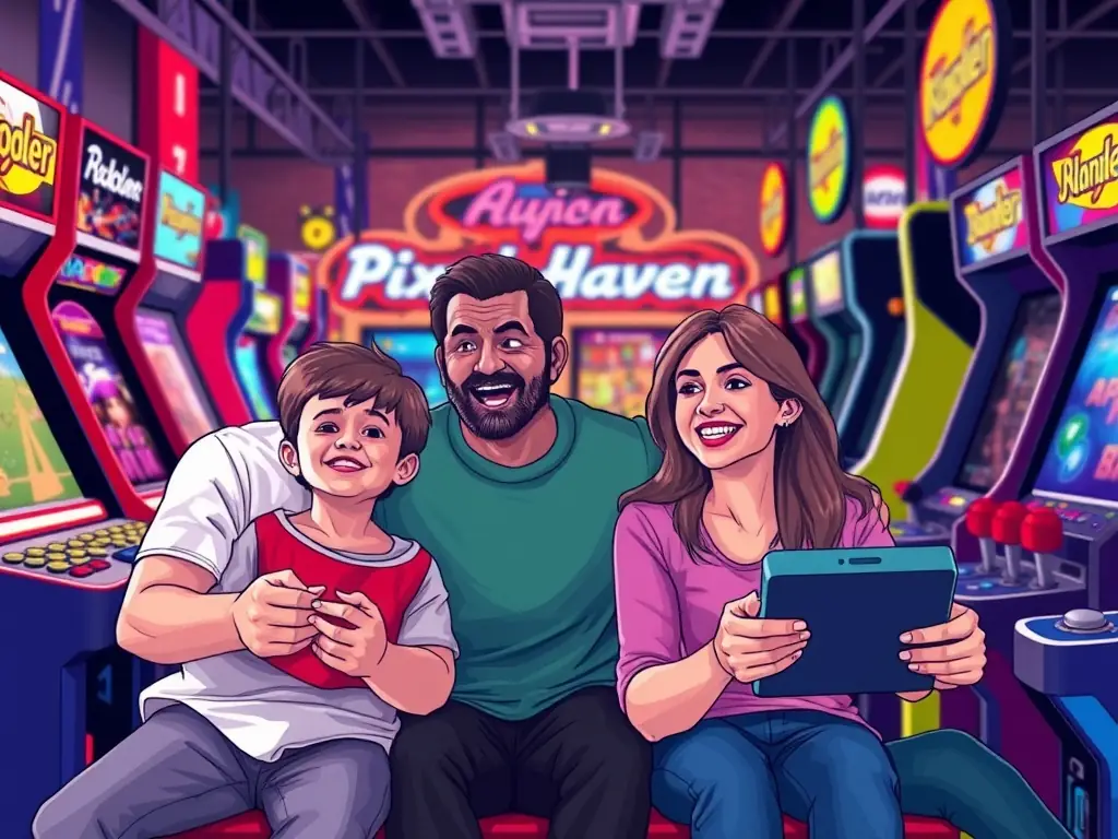 A family enjoying various arcade games at Pixel Haven.