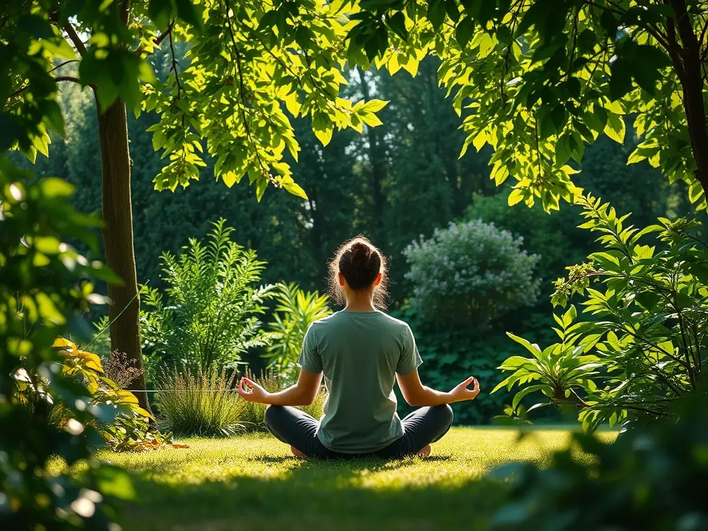 A person meditating in a peaceful garden.