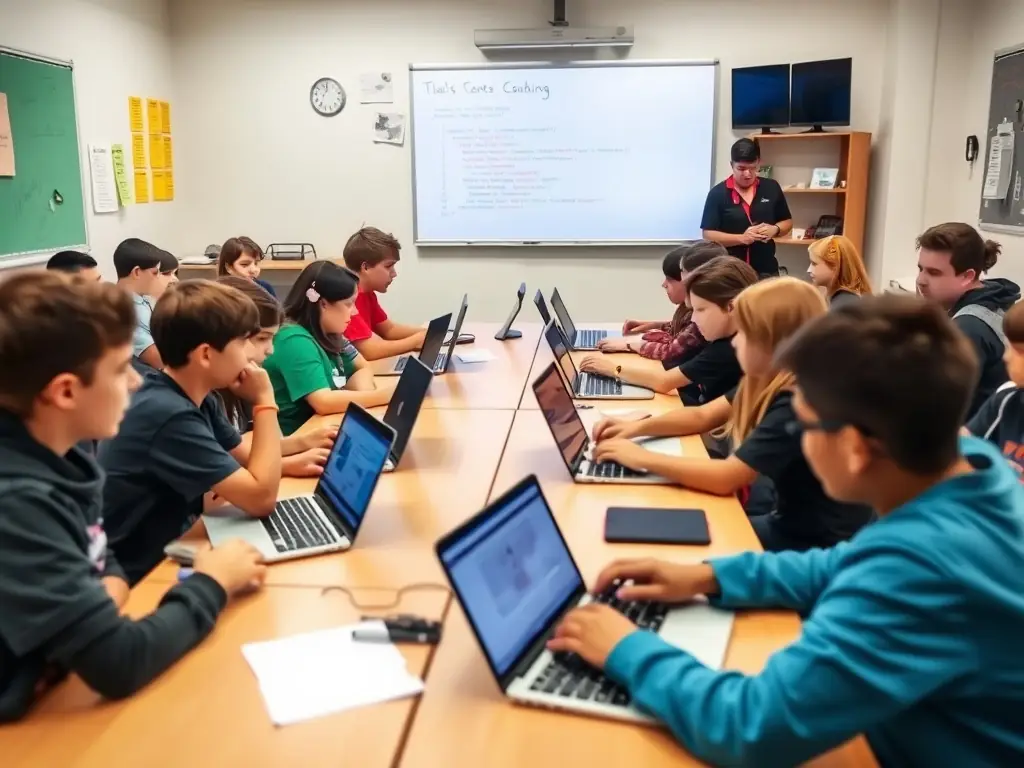 Students participating in a coding workshop in a classroom.