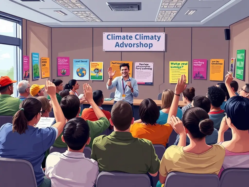 A passionate speaker leading a workshop on climate advocacy with engaged participants.