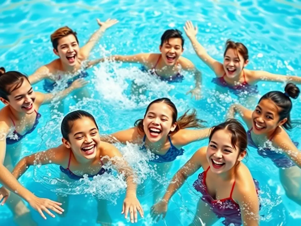A group of happy students swimming together in a pool.
