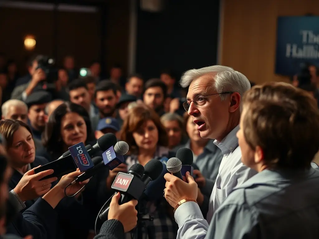 A candidate addressing reporters at a press conference.