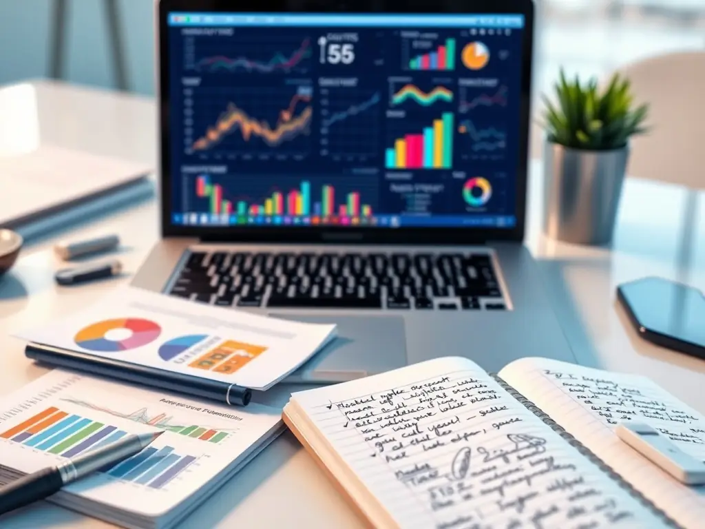 An array of market research tools and methodologies on a desk, showcasing data analysis techniques.
