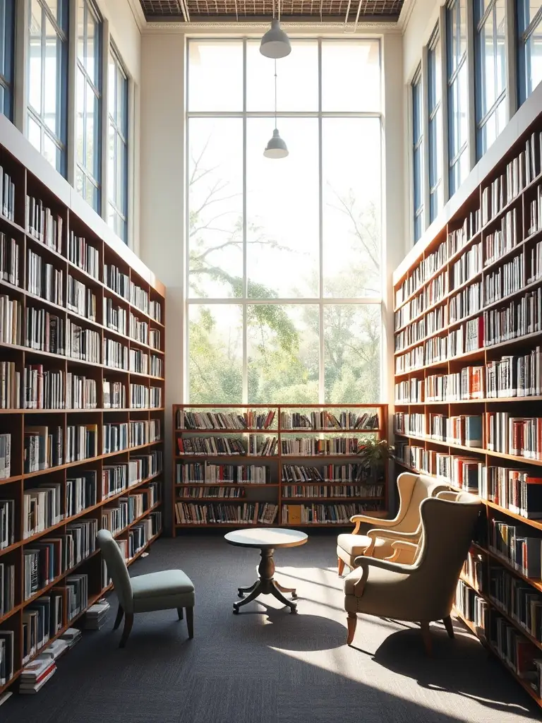 A serene library filled with books on mental health topics.