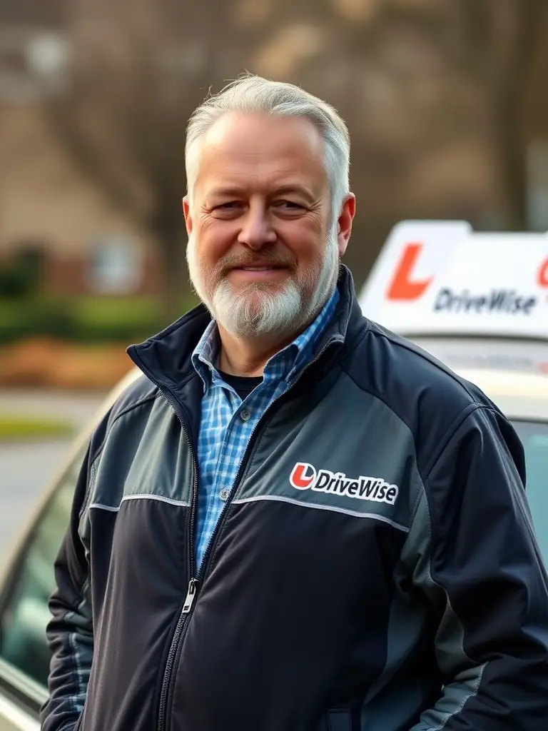 A certified driving instructor in a DriveWise jacket standing beside a car.