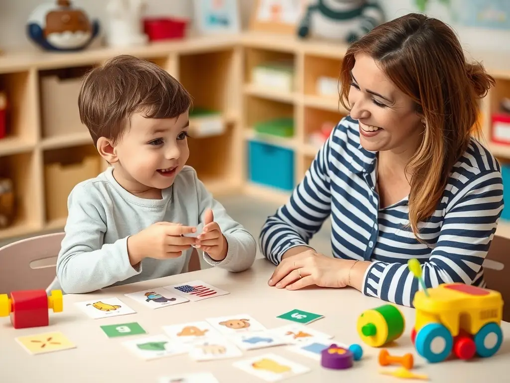 A child participating in a speech therapy session with a therapist.