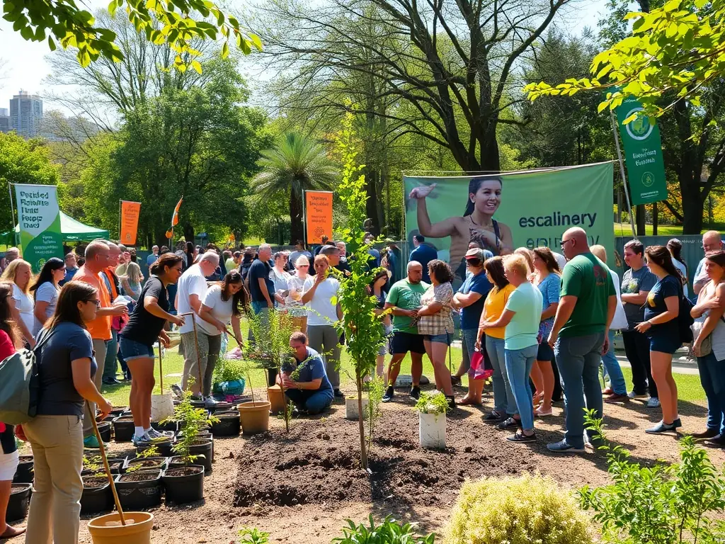 A vibrant community gathering in a park with people planting trees and discussing sustainability.