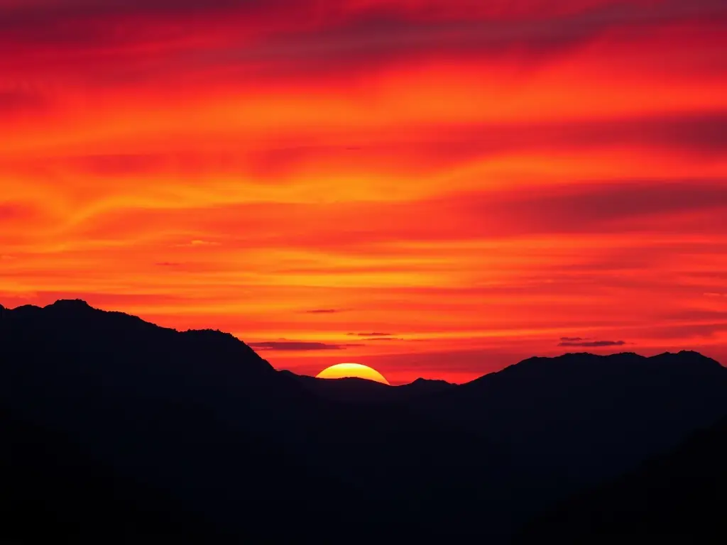 A vibrant sunset over a mountain range with colorful skies.