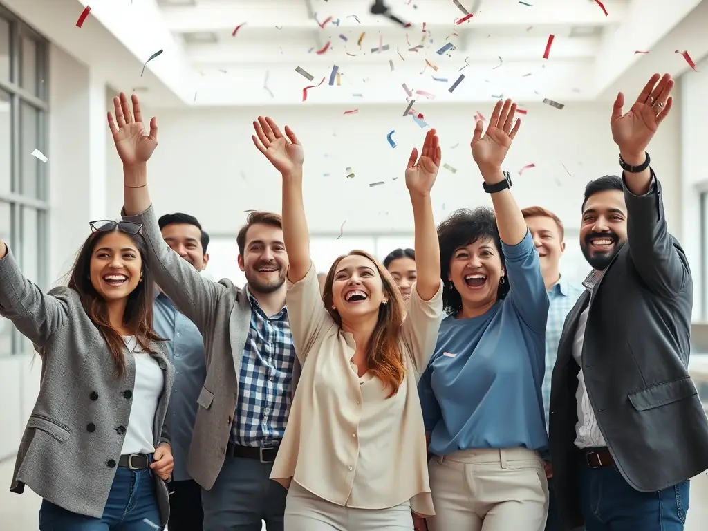 A diverse group of investors celebrating their financial success.