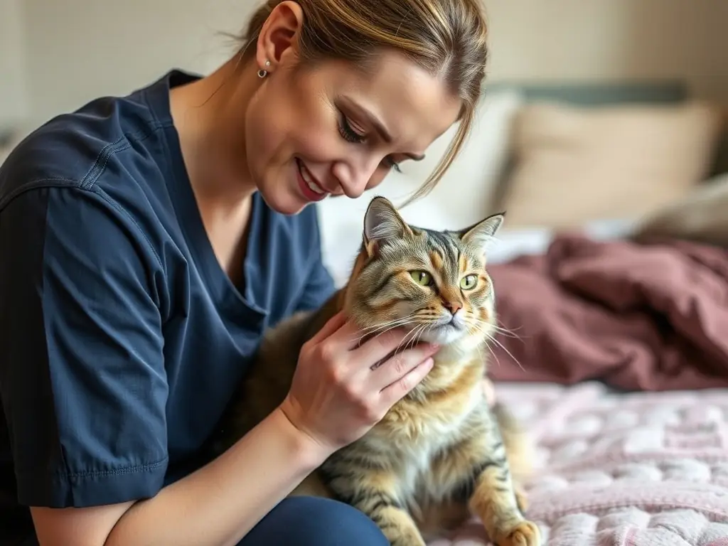 A staff member caring for a senior cat in a cozy environment.