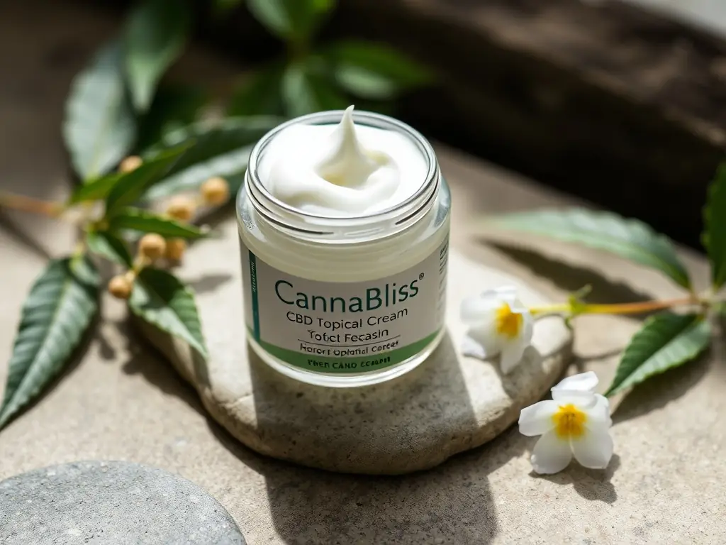 A jar of CannaBliss CBD topical cream surrounded by natural elements.