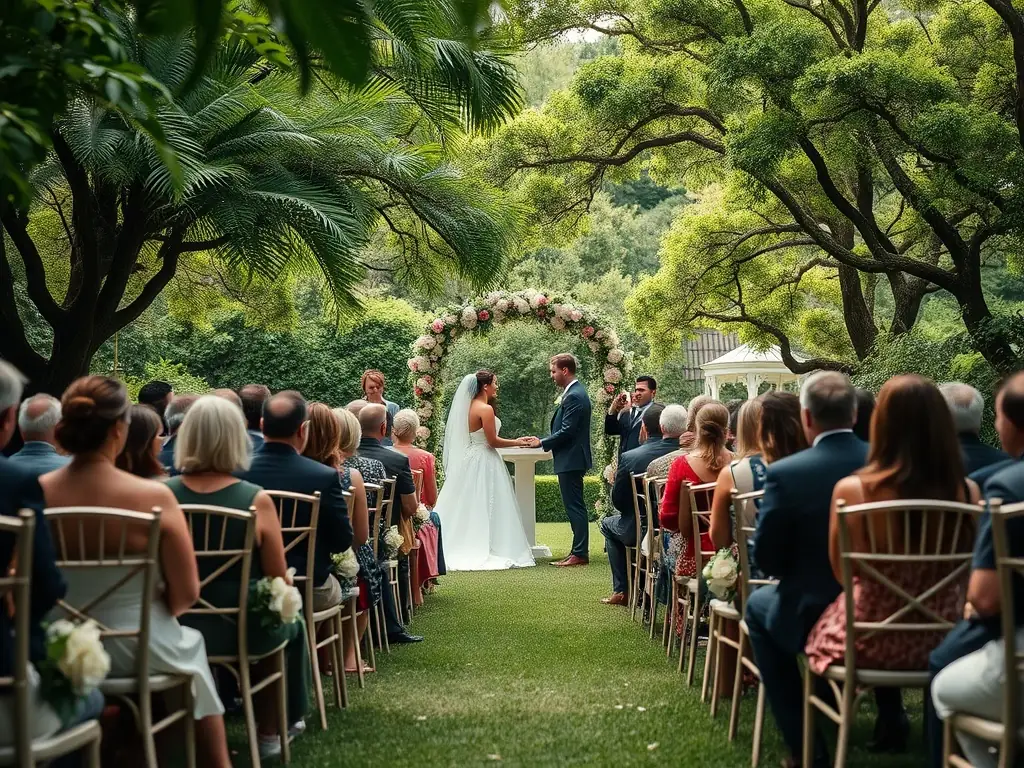 Romantic wedding ceremony in a picturesque garden.