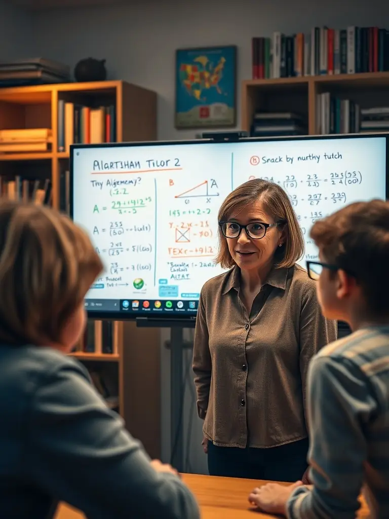A math tutor explaining algebra to a student during a video call in a cozy home office.