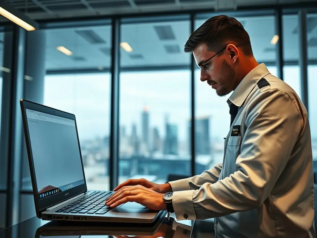 A technician installing software on a laptop in a modern office.