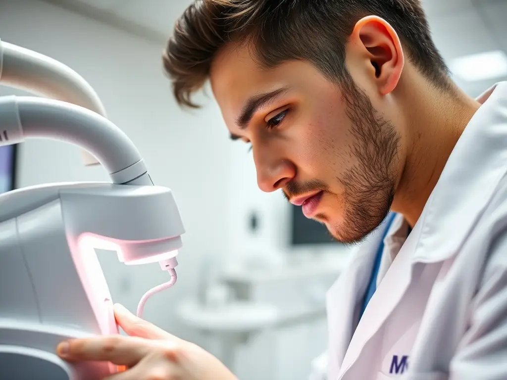 A dental student using advanced equipment in a modern lab.