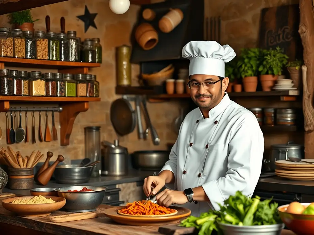 Chef preparing a traditional dish in a rustic kitchen.