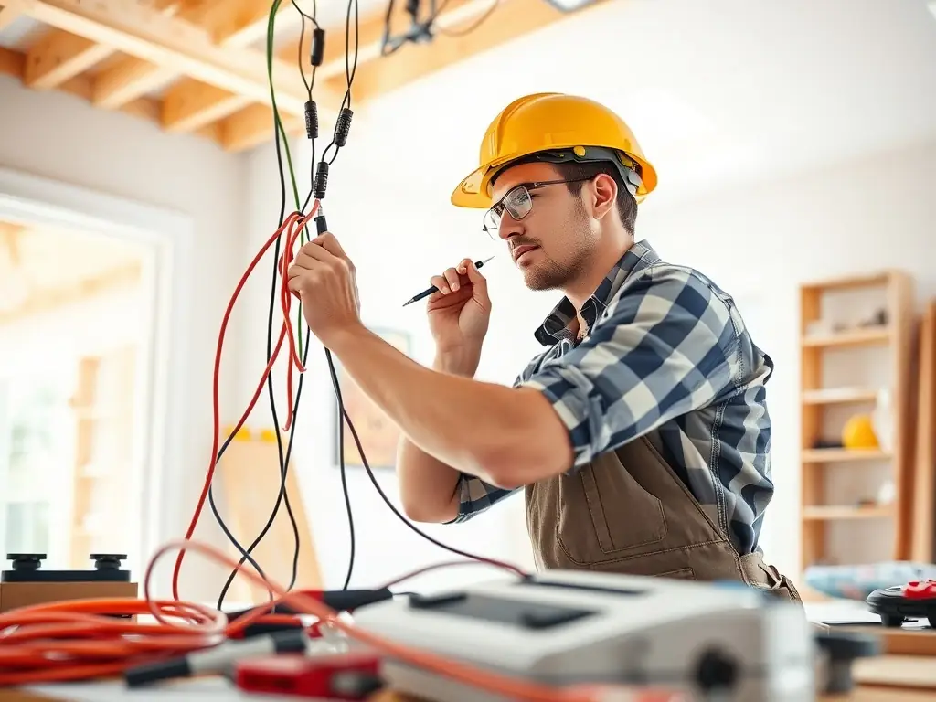 An electrician installing wiring in a new home, demonstrating precision and expertise.