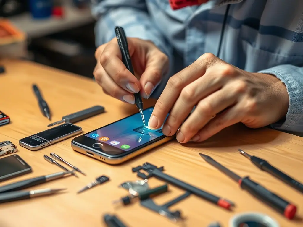 A technician repairing a smartphone screen at TechFix Hub.