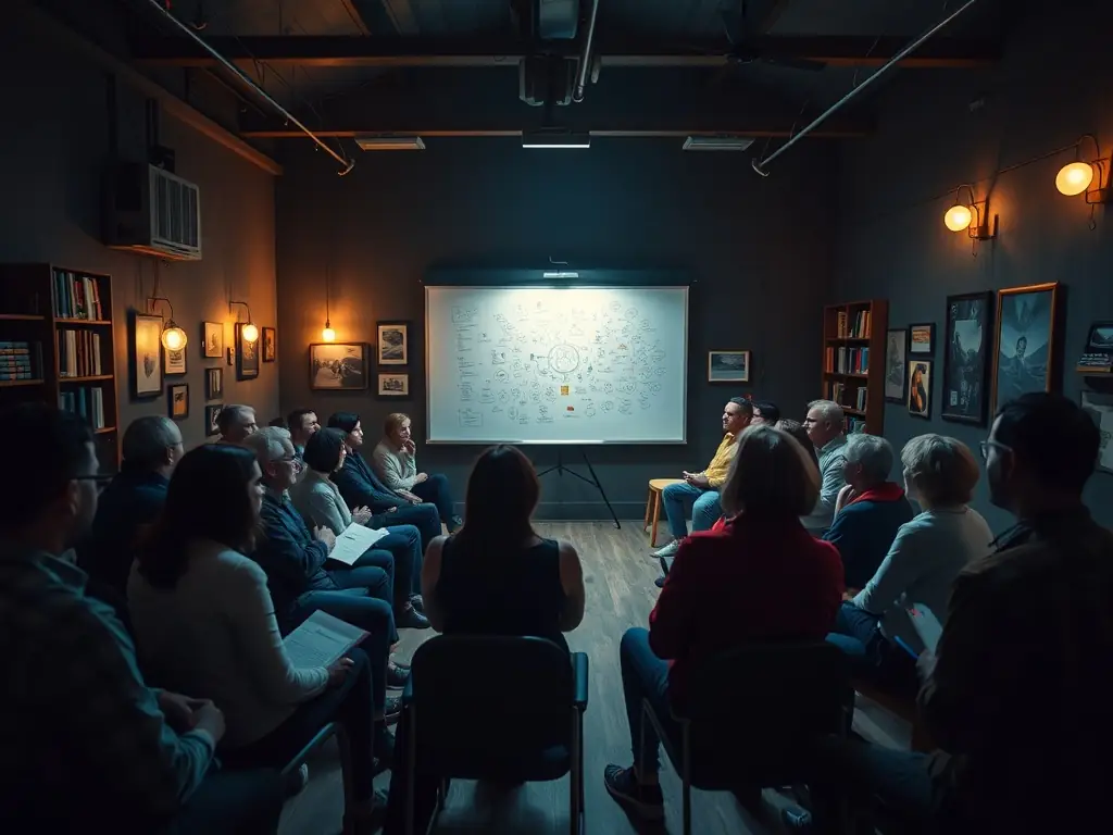 Participants engaged in a group discussion about literature in a workshop setting.