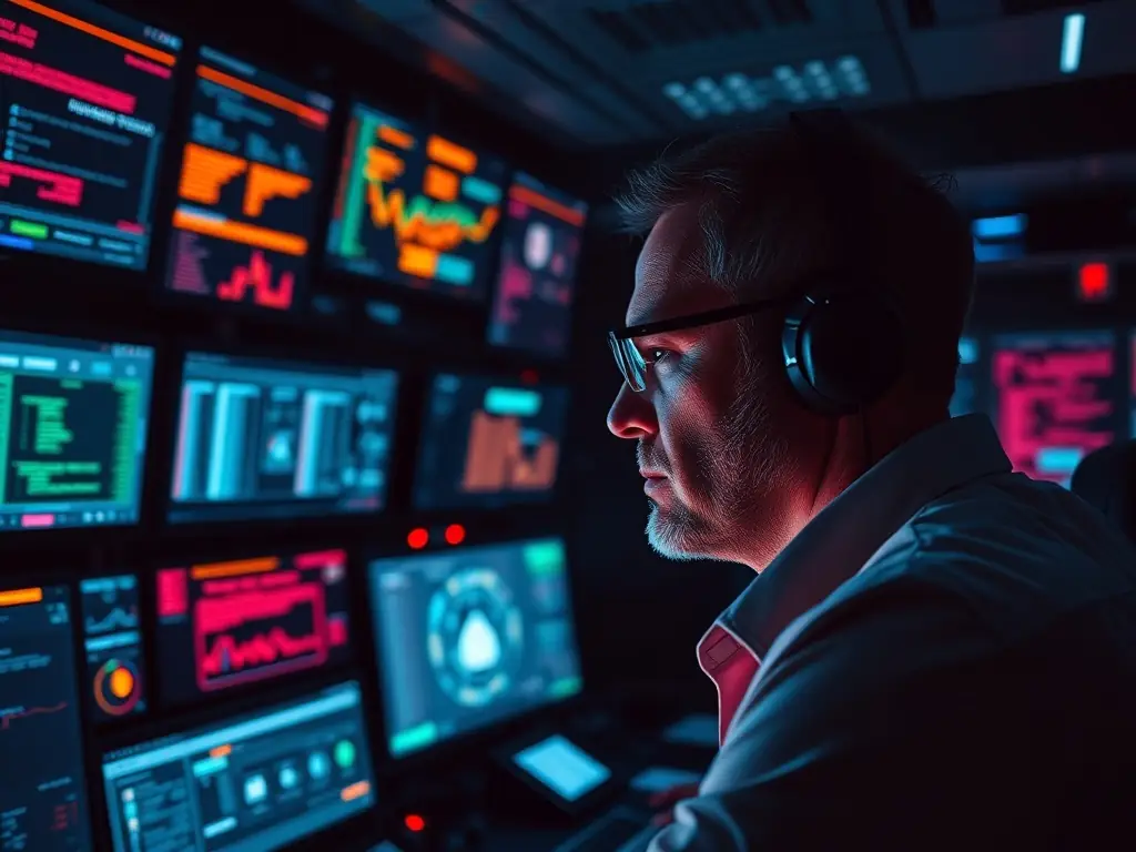 A cybersecurity expert monitoring a network in a control room.