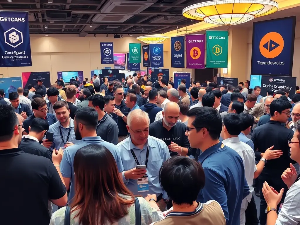 Attendees actively engaging in discussions at a cryptocurrency meetup.