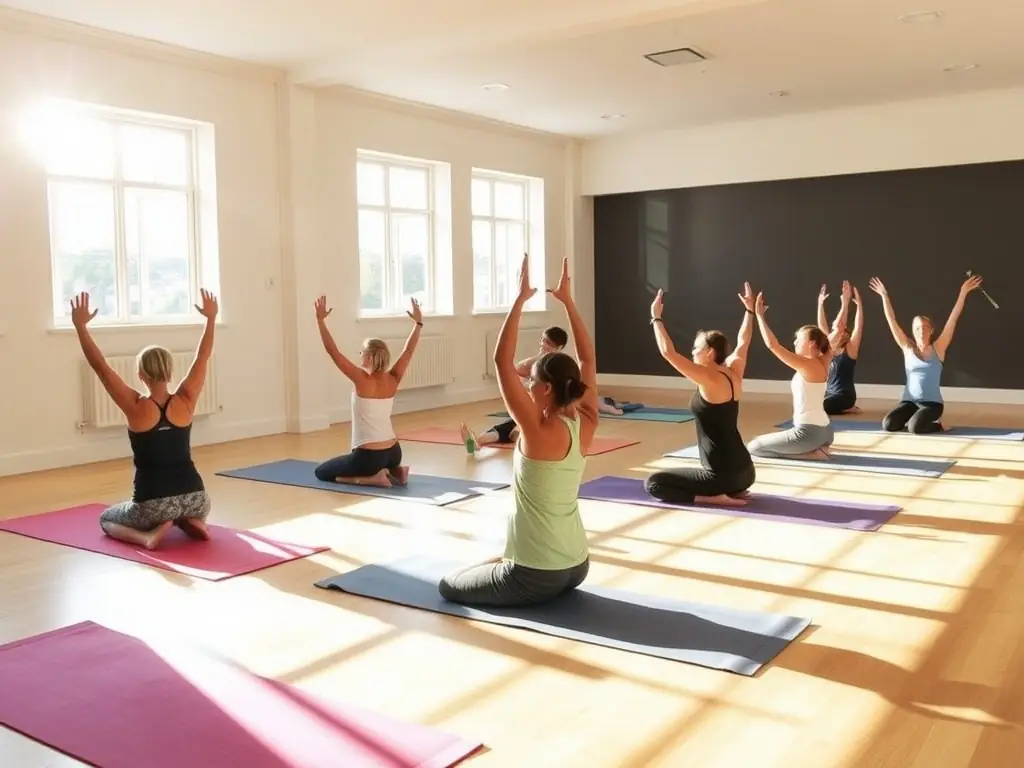 Participants practicing yoga in a sunlit studio at SportSphere.