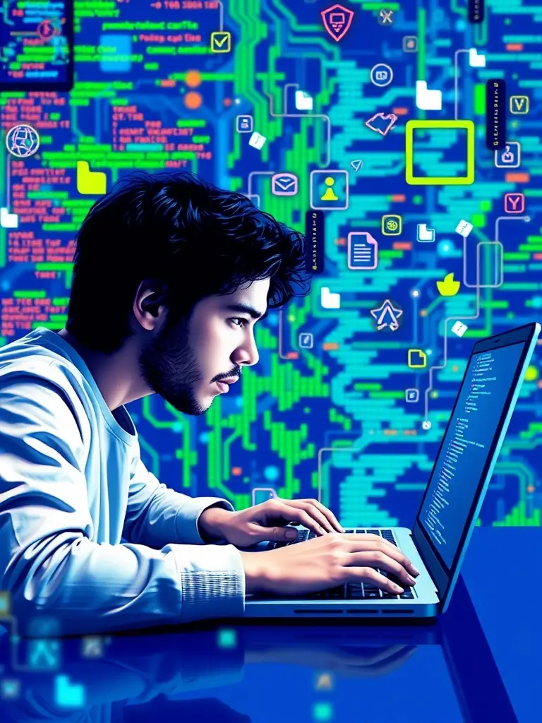 A person coding on a laptop with digital code and technology icons in the background.